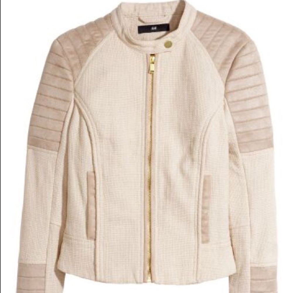 Cream Fitted Suede Biker Jacket